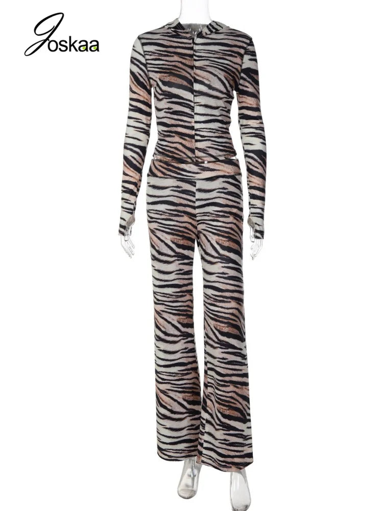 Women's Zebra Print Zip Up Long Sleeve High Waist Two Piece Set 0973 - Back View