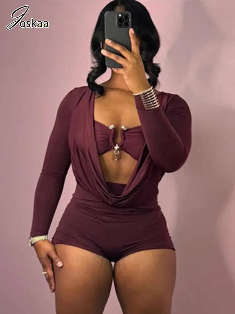 Women's Long Sleeve Bodycon Metal Buckle Decorate Romper – Women's Fashion Wholesale – Front View