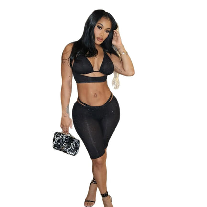 Women's Cutout Crop Black Tank Tops Two Piece Set