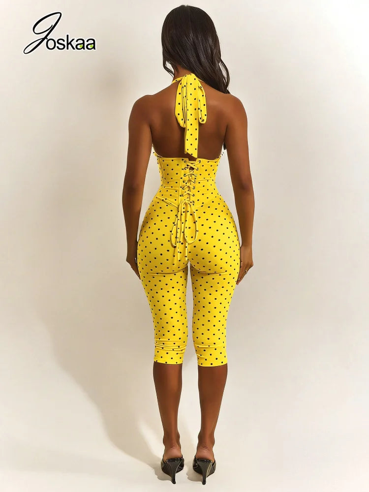 Women's Polka Dot Backless Halter Two Piece Set Red – Side View