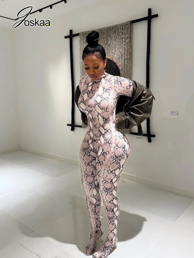 Women's Snake Print Long Sleeve Bodycon Romper – Women's Fashion Wholesale – Front View