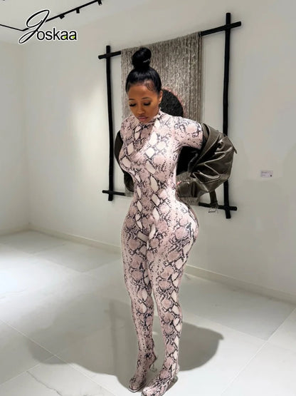 Women's Snake Print Long Sleeve Bodycon Romper – Women's Fashion Wholesale – Front View