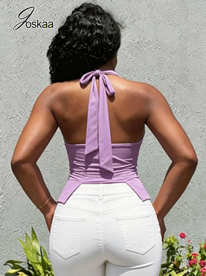 Women's Lace Backless Halter Sleeveless Top Purple – Front View