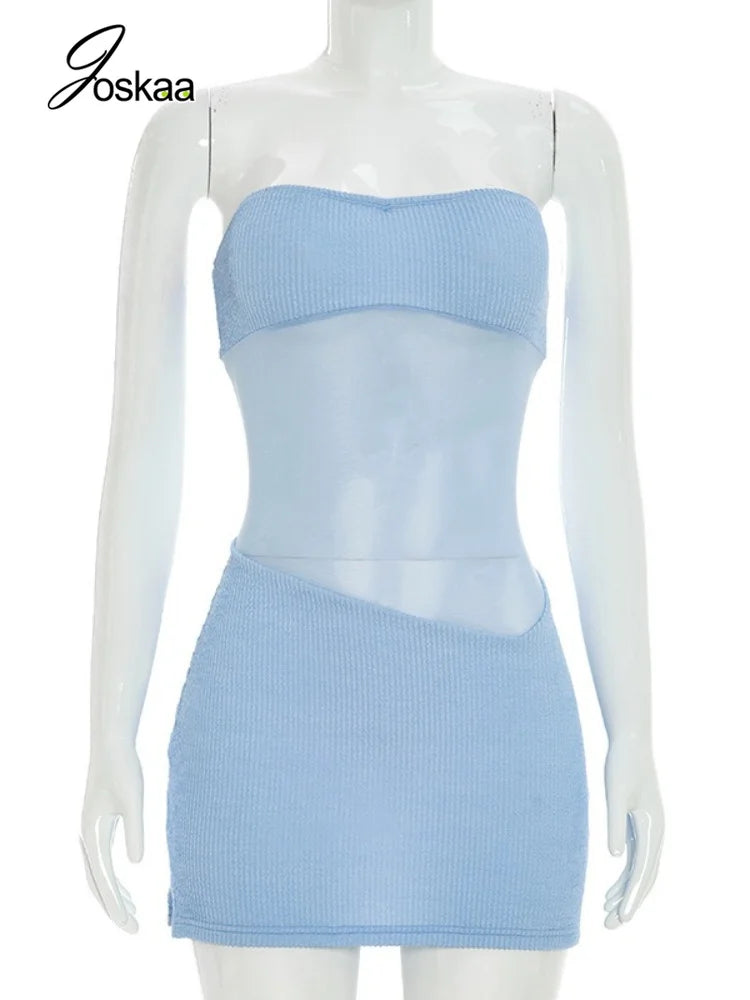 Women's Mesh Backless Strapless Mini Dress Light Blue – Back View