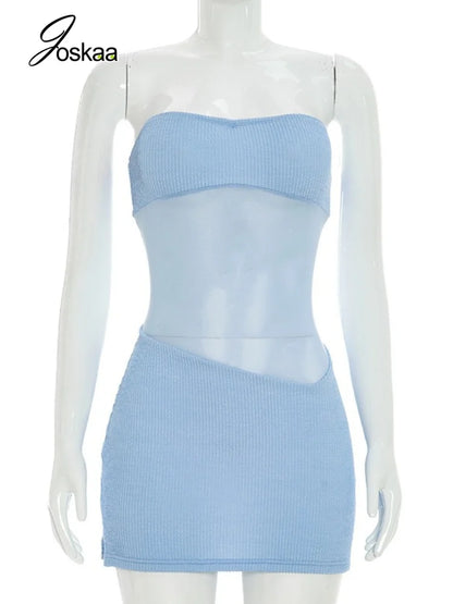 Women's Mesh Backless Strapless Mini Dress Light Blue – Back View