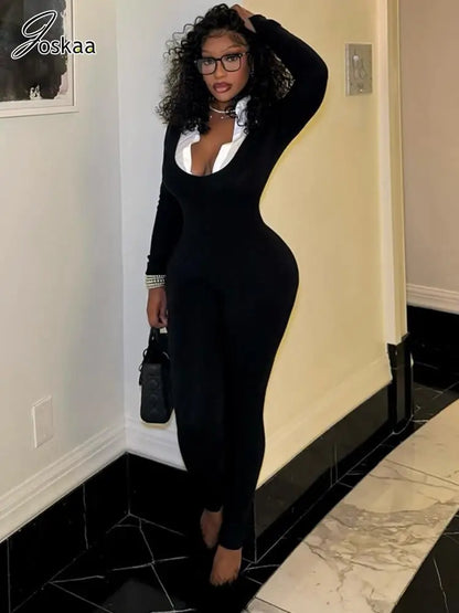 Women's Long Sleeve Bodycon Jumpsuit Romper Black – Front View