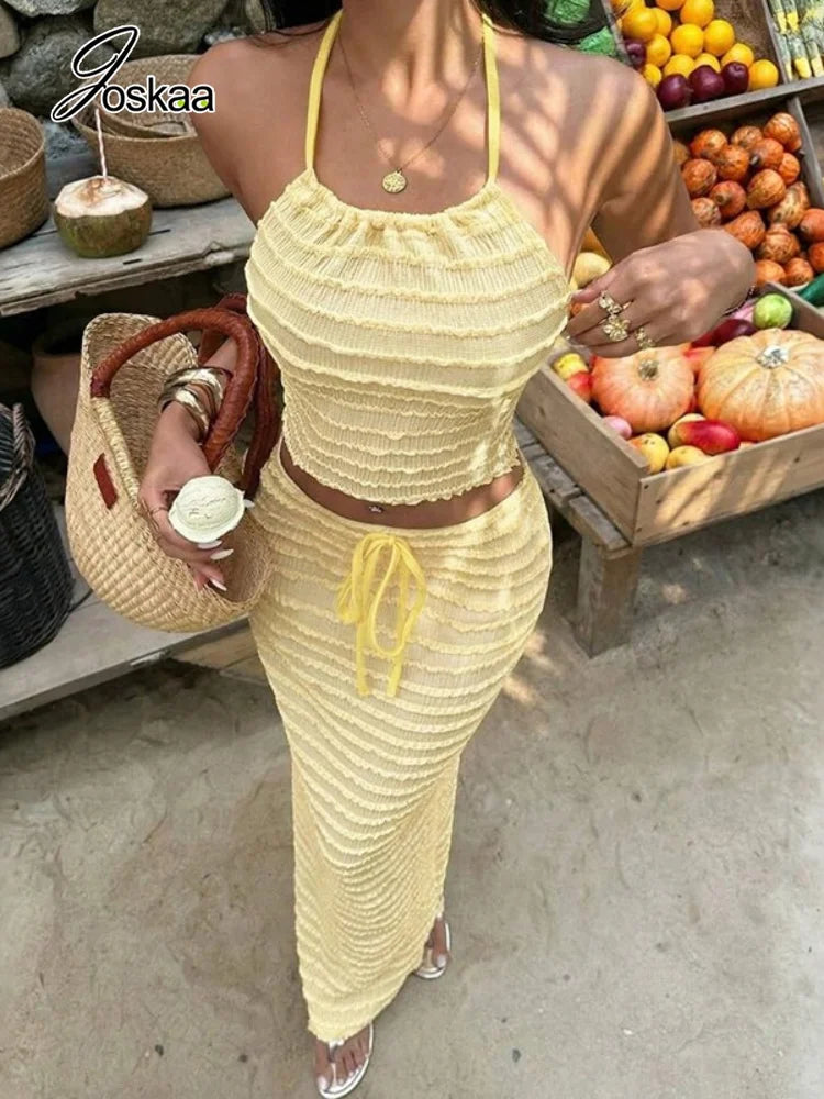 Women's Halter Two Piece Set Yellow Ruffle - Front View