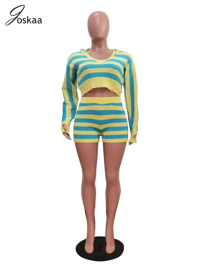 Women's Stripe Knit Long Sleeve Two Piece Set Yellow Stripes – Detail View