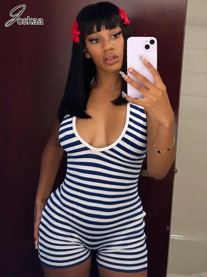 Women's Stripe Backless Halter Bodycon Romper Blue White Stripe – Side View