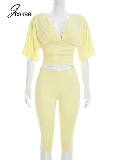 Women's Ruched Crop Solid V-neck Two Piece Set Yellow – Back View