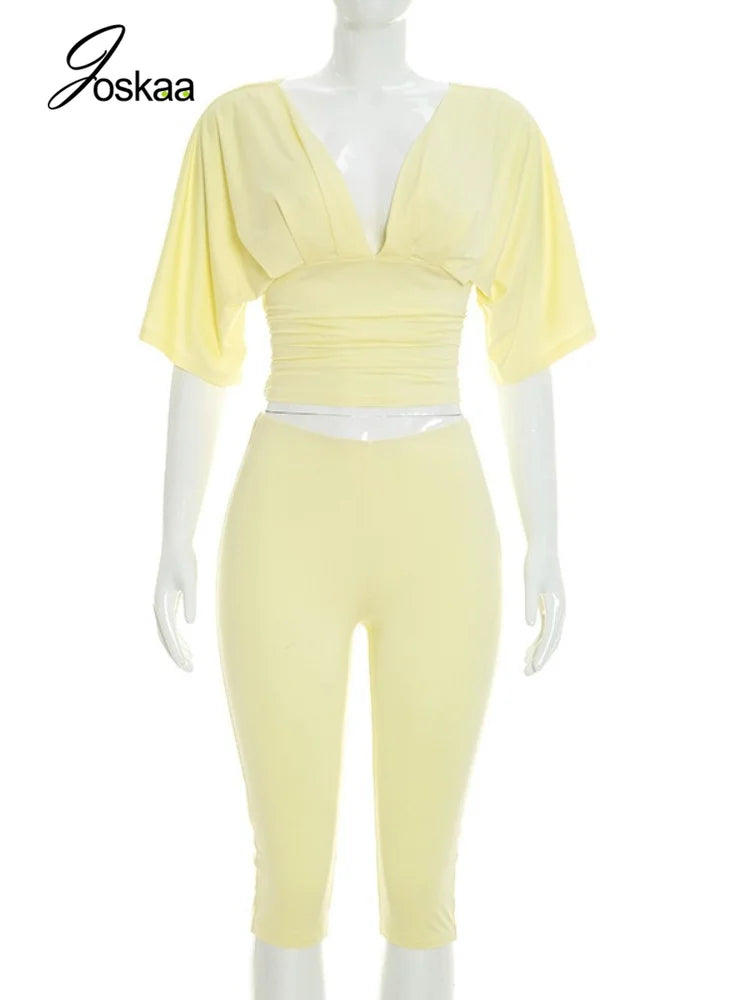 Women's Ruched Crop Solid V-neck Two Piece Set Yellow – Back View