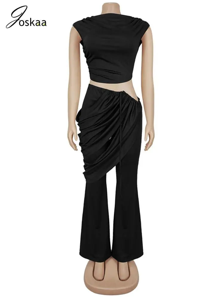 Wholesale Women's Ruched Crop Flare Two Piece Set Gray – Back View