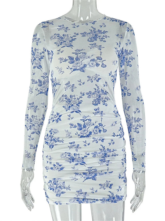 Joskaa Floral Print Ruched Long Sleeve Bodycon Mini Dress - mini dress image 2