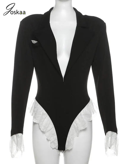 Women's Lace Long Sleeve Patchwork Black Blazer Romper Black – Back View