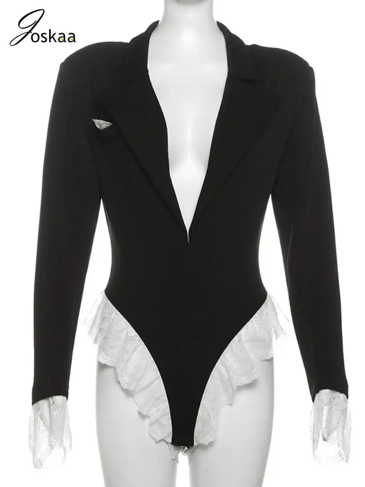 Women's Lace Long Sleeve Patchwork Black Blazer Romper Black – Back View