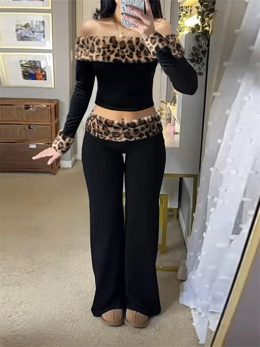 Joskaa Leopard Print Long Sleeve Crop Flare Two Piece Set - two piece set image 1