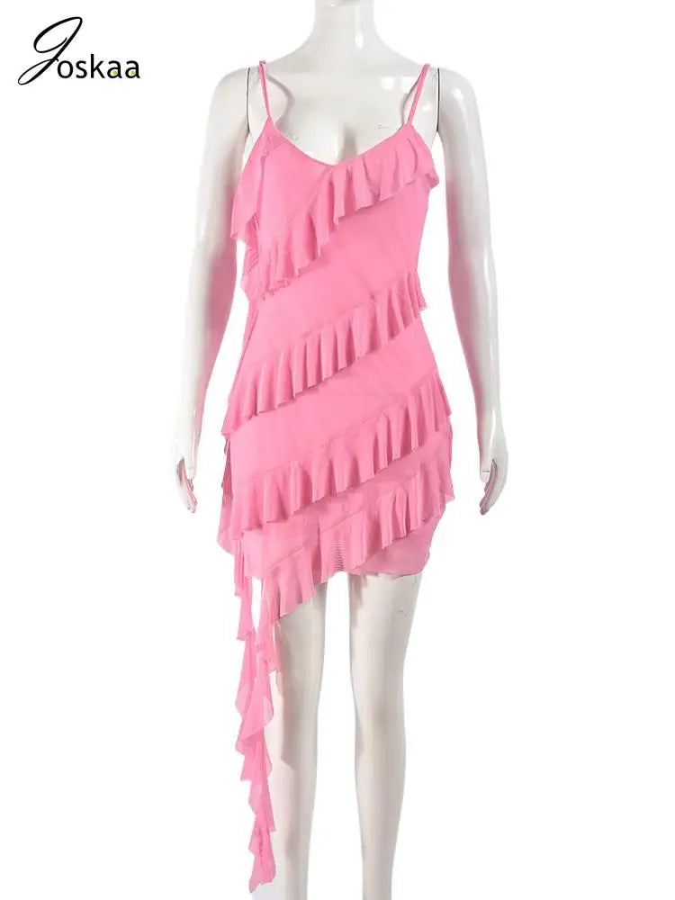 Women's Mesh Backless Ruffles Ribbon Vacation Dress Pink – Back View