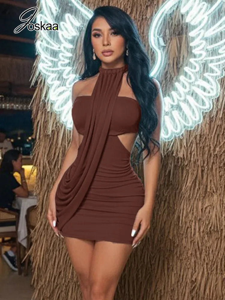 Women's Ruched Backless Cutout Halter Mini Dress - Side View