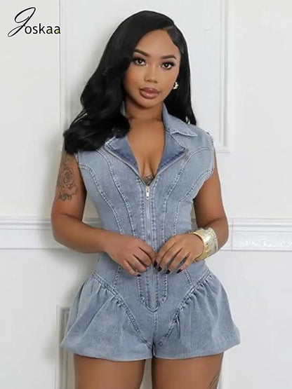 Women's Denim Sleeveless Bodycon Zip Romper Light Blue – Side View