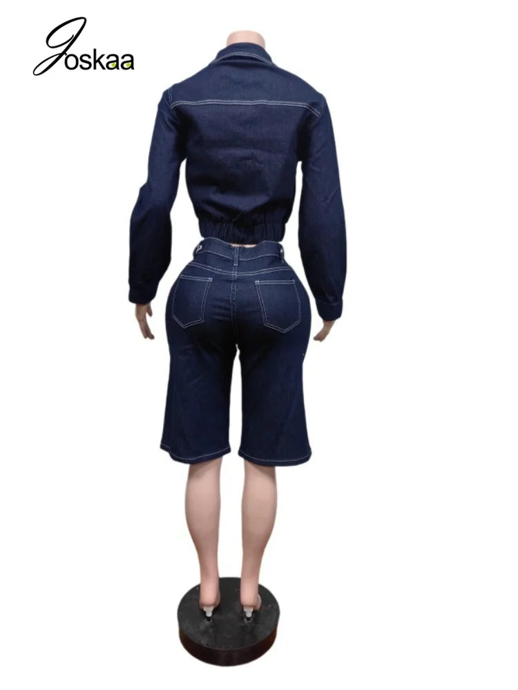 Women's Denim Print Zip Up Long Sleeve Two Piece Set - Detail View