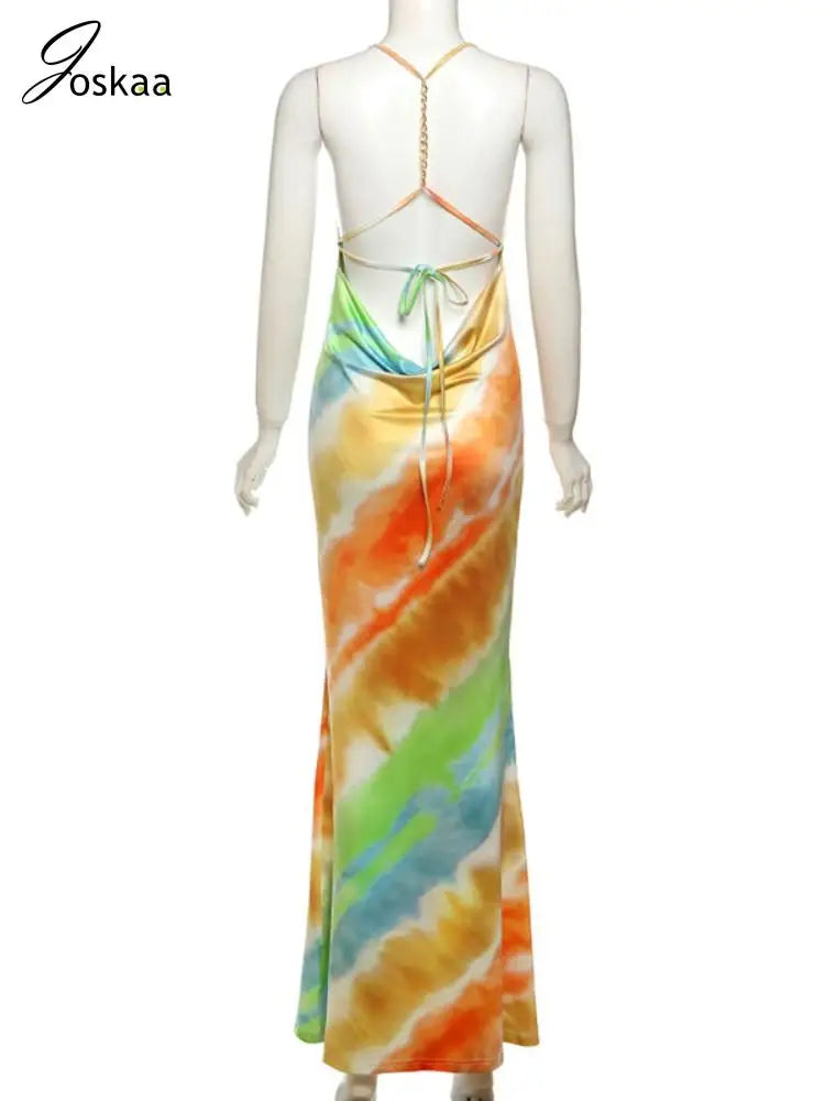 Women's Backless Halter Bodycon Maxi Dress Colorful – Detail View