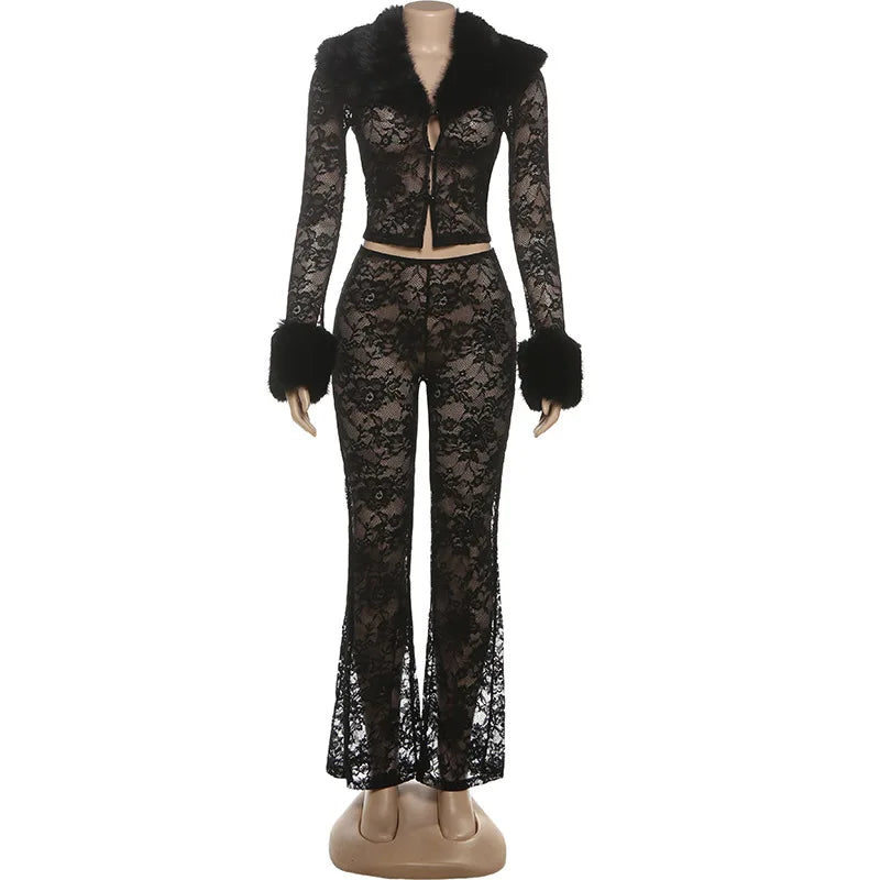 Women's Lace Long Sleeve Flare Two Piece Set
