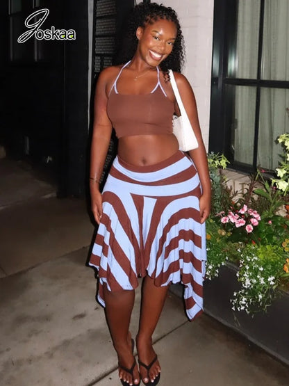 Women's Striped Halter Sleeveless High Waist Two Piece Set - Front View