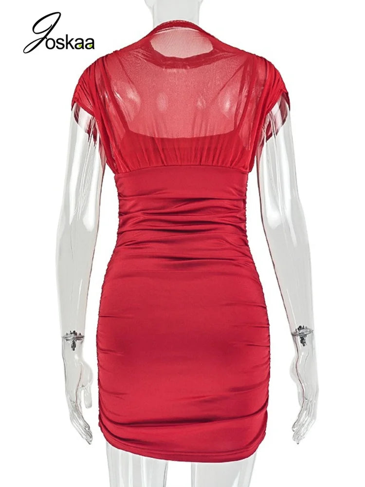 Women's Sleeveless Bodycon Pleated Mini Dress Red – Detail View