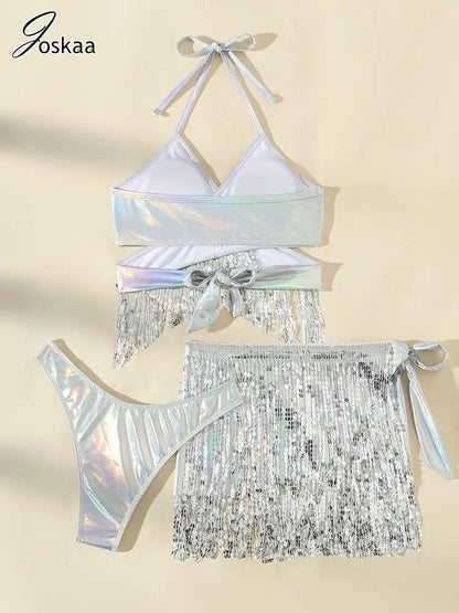 Women's Sequin Halter Swimwear Shiny Tassel Bikini Set White – Detail View
