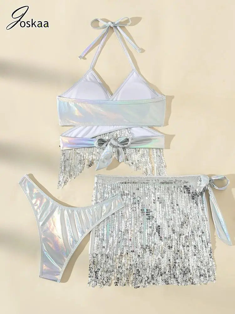 Women's Sequin Halter Swimwear Shiny Tassel Bikini Set White – Detail View