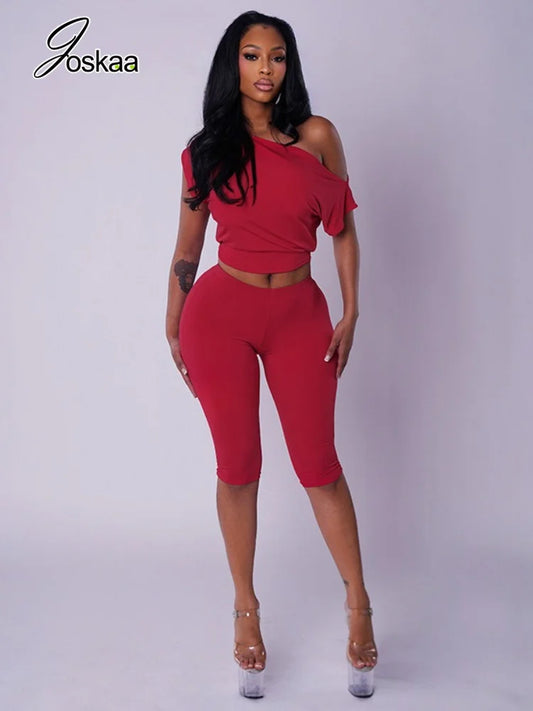 Women's Ruched One Shoulder Bodycon High Waist Two Piece Set - Front View