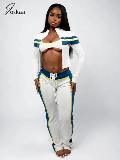 Women's Long Sleeve Sporty Patchwork Top Two Piece Set White – Front View