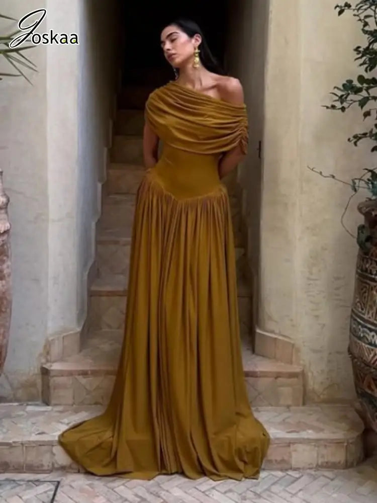 Women's Ruched One Shoulder Bodycon Maxi Dress Caramel Colour – Front View