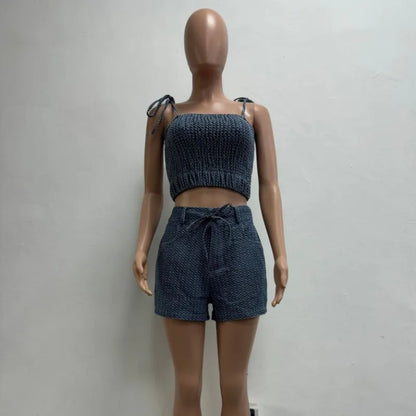 Women's Denim Crop Stretch Camisole and Two Piece Set