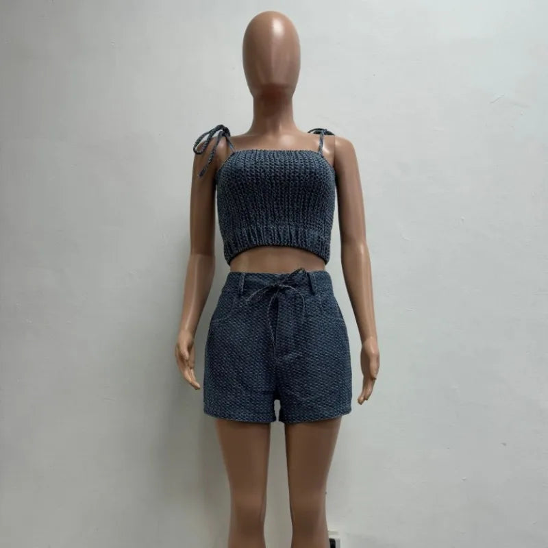 Women's Denim Crop Stretch Camisole and Two Piece Set