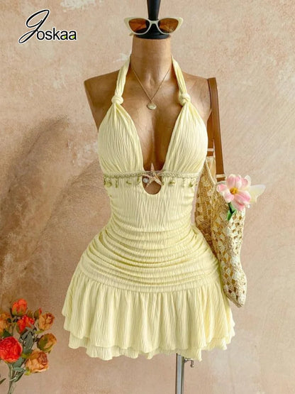 Women's Backless Halter Sleeveless Mini Dress Black – Detail View
