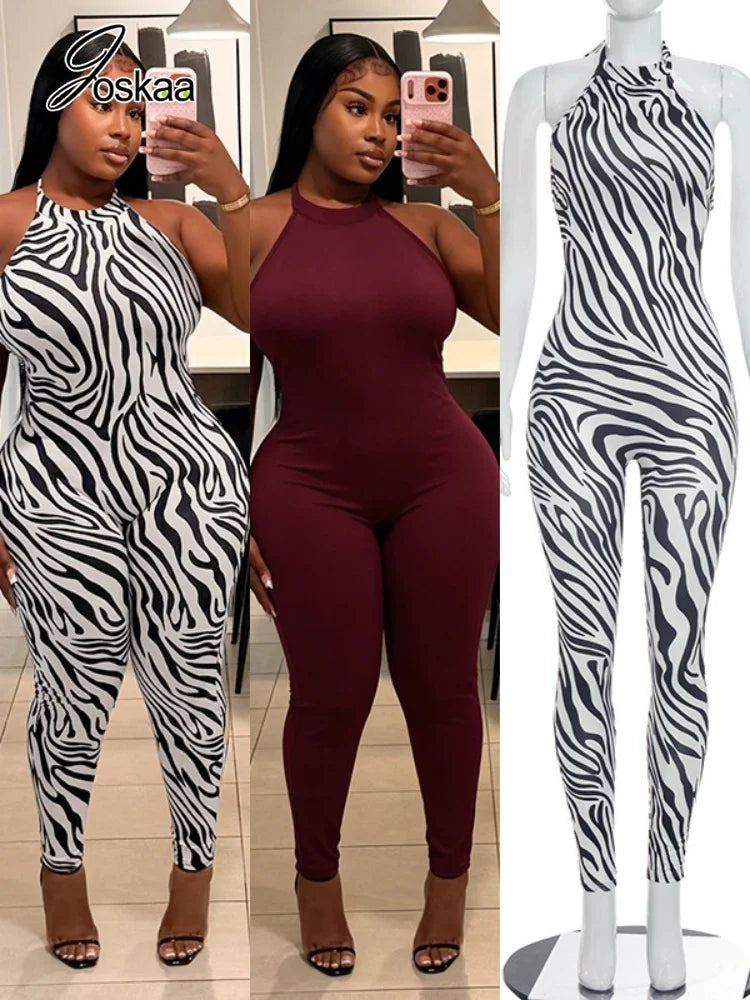 Women's Zebra Print Striped Backless Halter Romper - Women's Fashion Wholesale - Front View