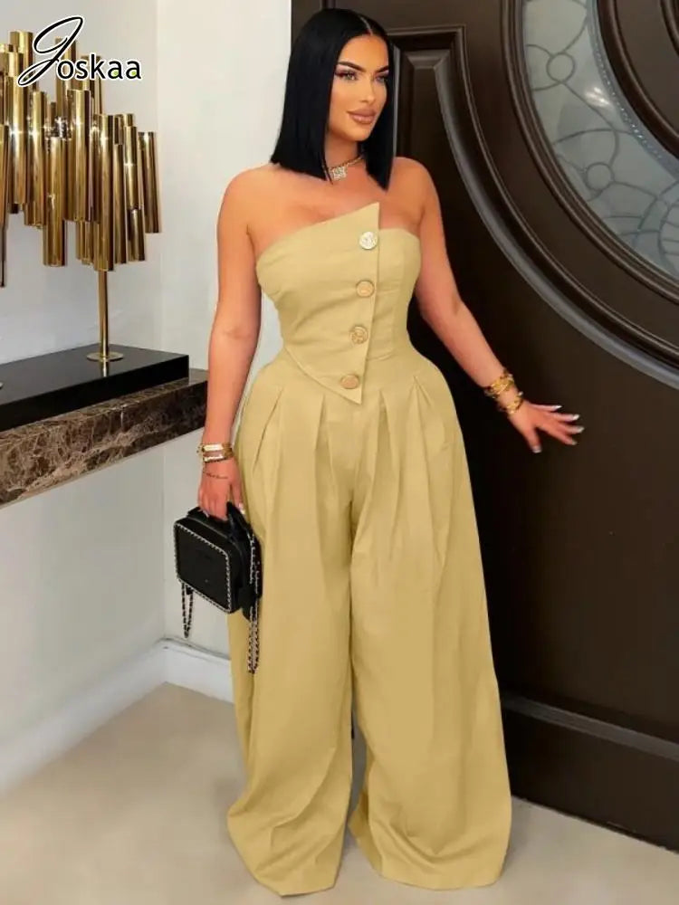 Women's Strapless Flare Wide Leg Elegant Romper Army Green – Front View