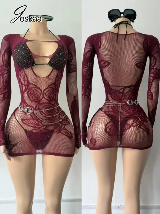Women's Mesh Knit Cutout Long Sleeve Mini Dress – Women's Fashion Wholesale – Front View
