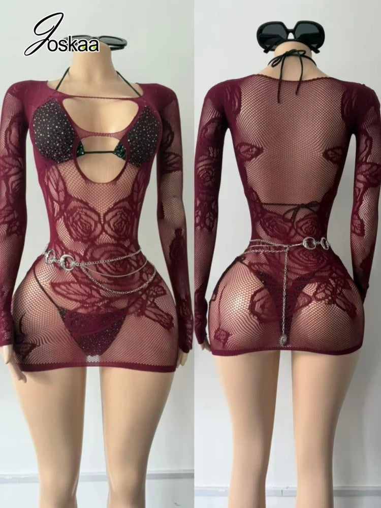 Women's Mesh Knit Cutout Long Sleeve Mini Dress – Women's Fashion Wholesale – Front View