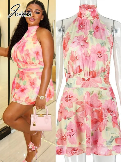 Women's Floral Print Backless Halter Mini Dress – Women's Fashion Wholesale – Front View