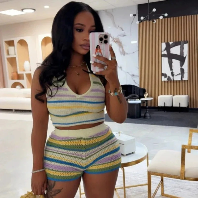 Women's Stripe Knit Backless Two Piece Set