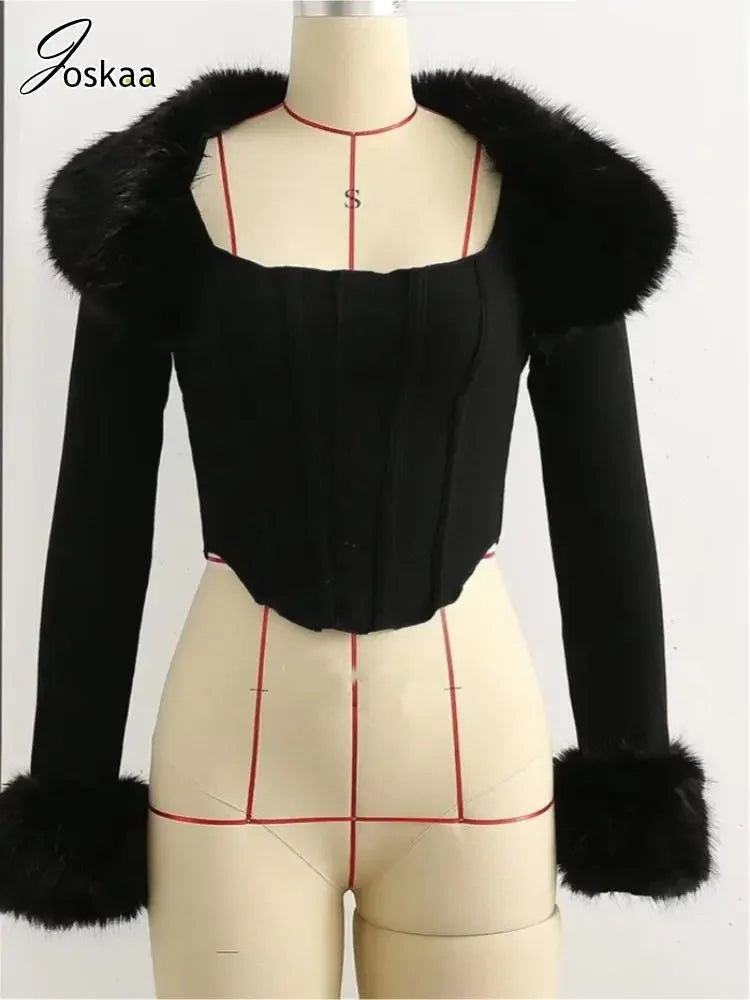 Women's Crop Faux Fur Patchwork Two Piece Set Black – Detail View