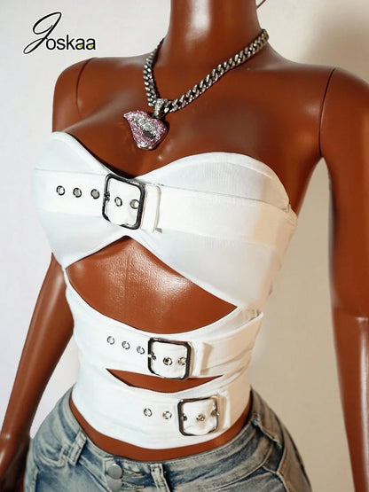 Women's Cutout Strapless Crop Two Piece Set White – Side View