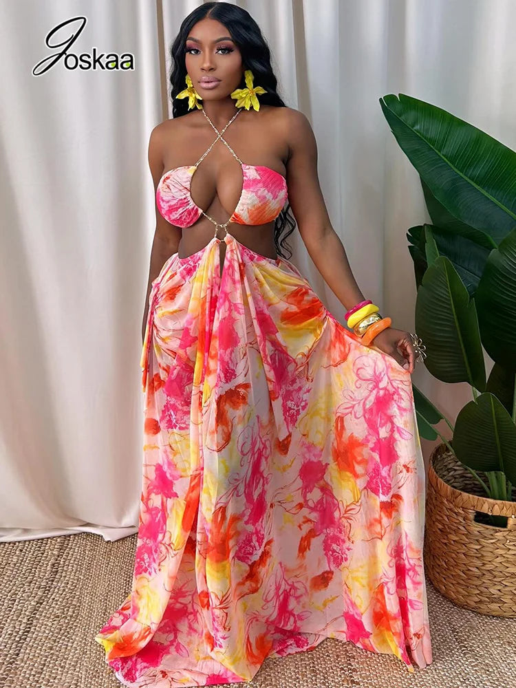 Women's Floral Print Cutout Halter Maxi Dress - Front View