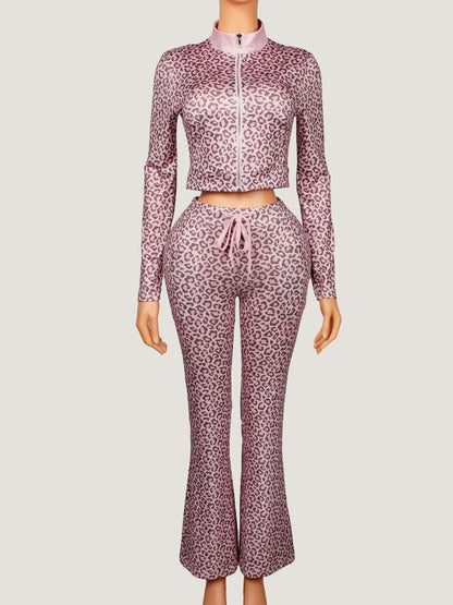 Women's Leopard Print Long Sleeve Crop Two Piece Set