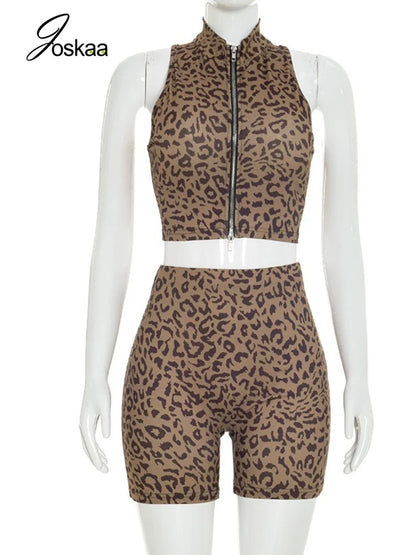 Women's Leopard Print Zip Up High Waist Two Piece Set - Back View