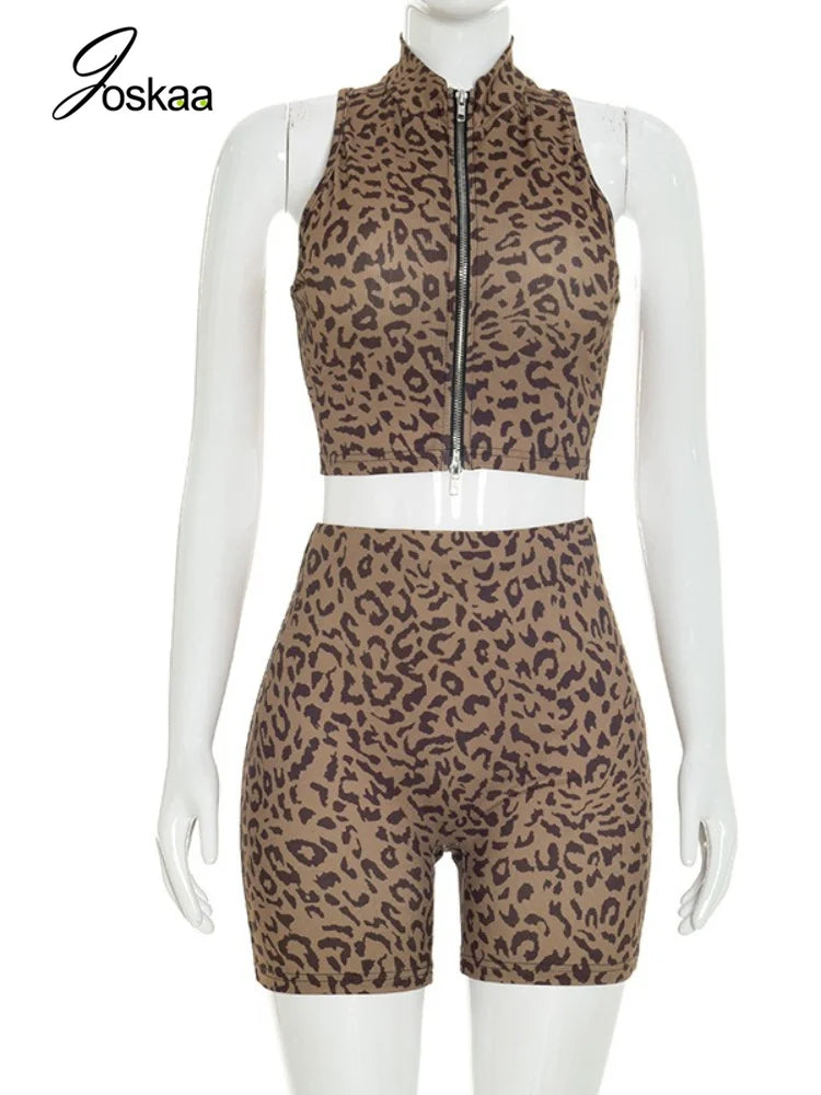 Women's Leopard Print Zip Up High Waist Two Piece Set - Back View