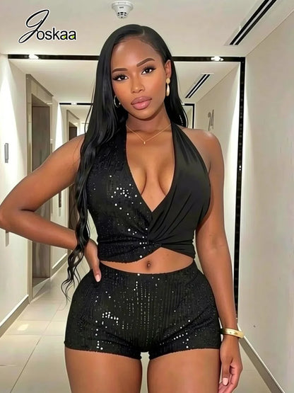 Women's Sequin Backless V-neck Halter Two Piece Set - Side View