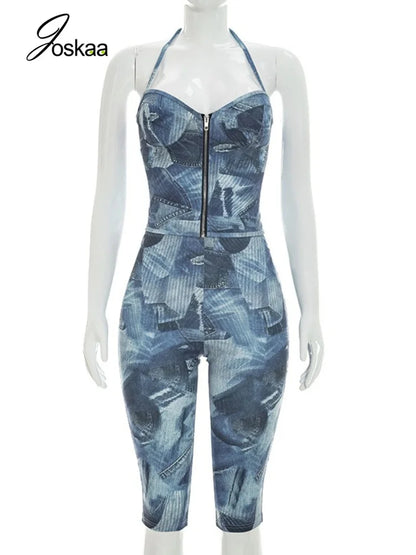 Women's Denim Print Halter Zip Up High Waist Two Piece Set - Back View